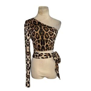 Shein brown leopard print one shoulder long sleeves top size Small